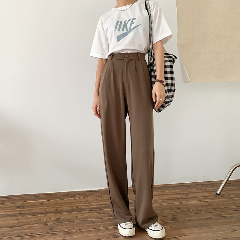 Quần Dài Nữ Lưng Cao Ống Rộng Màu Trơn Thời Trang