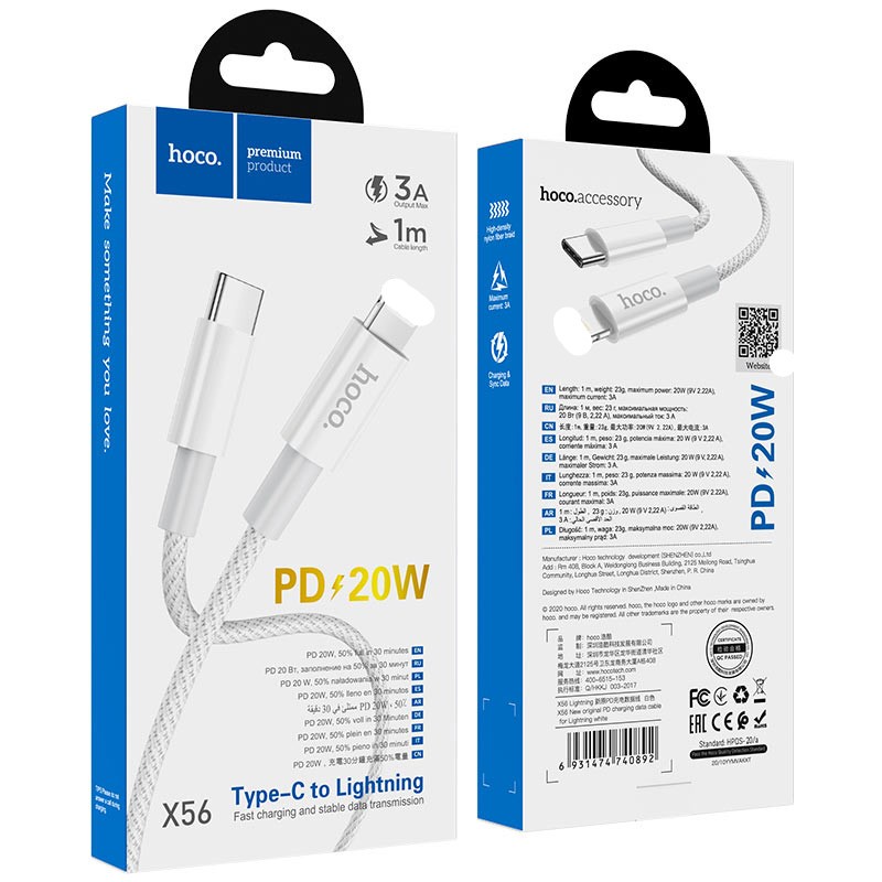 Cáp sạc PD 20W HOCO X56 truyền dữ liệu và sạc nhanh 3A, dây bọc dù chống đứt, dài 100cm