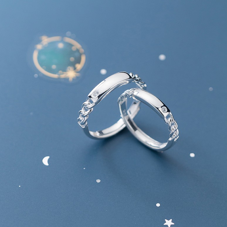 Nhẫn đôi nhẫn cặp nam nữ tình yêu bạc s925 khắc tên cao cấp 2 đoạn xích mặt cong đính 1 viên pha lê Cá jewelry NĐ25