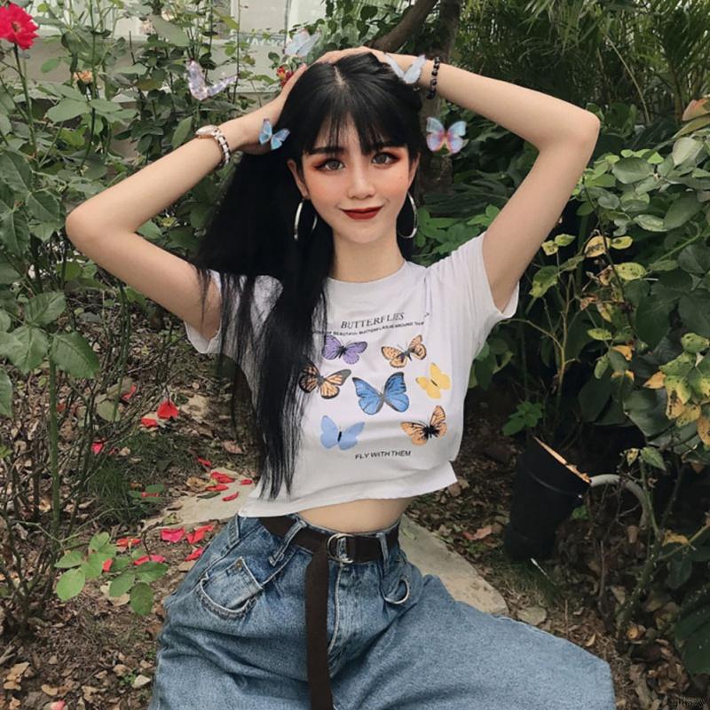 Áo Thun Tay Ngắn In Hình Bướm Thời Trang Hàn Quốc Cho Nữ