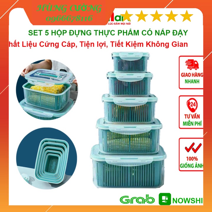 Bộ 5 Rổ, Hộp Đựng Thực Phẩm Có Nắp Đậy Cao Cấp - Khay Nhựa Để Tủ Lạnh Kèm Rổ Ráo Nước Bảo Quản Thức Ăn Tiện Dụng
