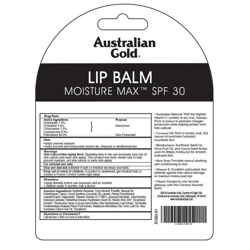 [Bill Mỹ] Son dưỡng môi chống nắng AUSTRALIAN GOLD SPF 30 LIP BALM BLISTER - COCONUT 0.15OZ