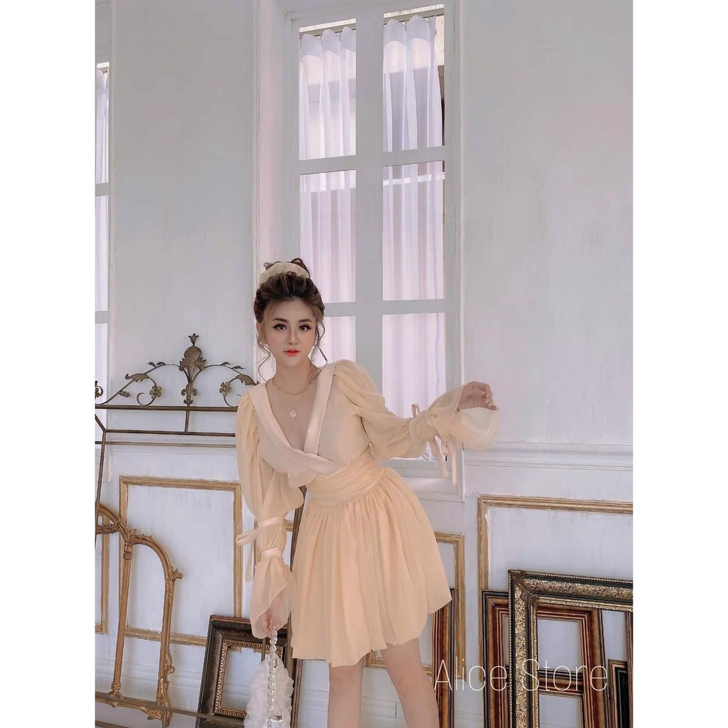 đầm vol lụa cổ vạt chéo tay dài loe