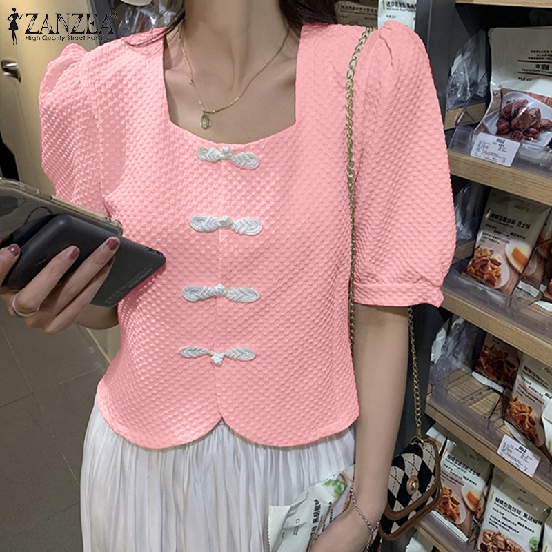 Zanzea Áo Kiểu Tay Ngắn Cổ Vuông Phong Cách Hàn Quốc Thanh Lịch Dành Cho Nữ
