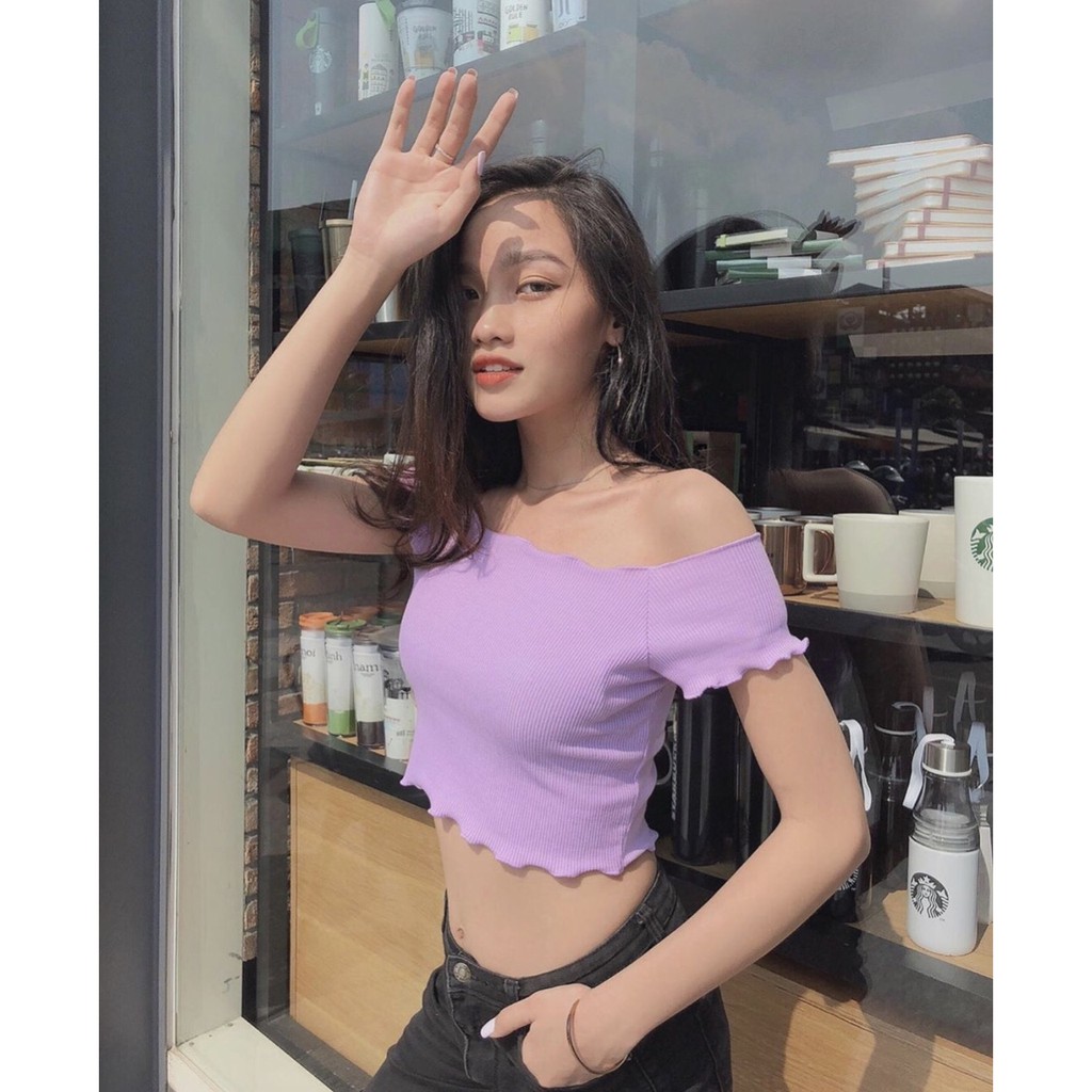 Áo bẹt vai tay ngắn một màu tím mộng mơ MANA2006204