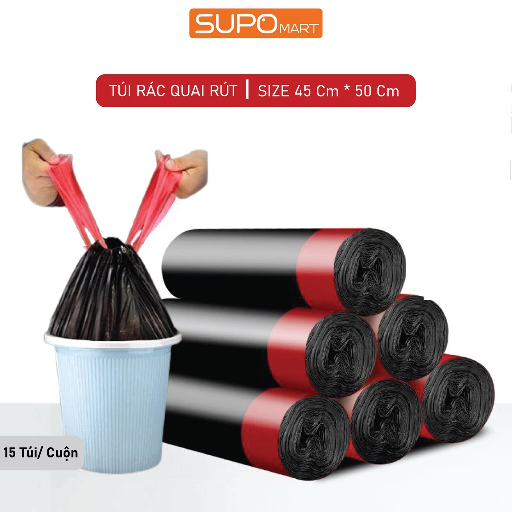 Túi đựng rác có quai rút tiện lợi SUPO MART kích thước 45x50 cm túi đựng rác tự phân hủy siêu dai 15 túi/cuộn ( Màu đen)