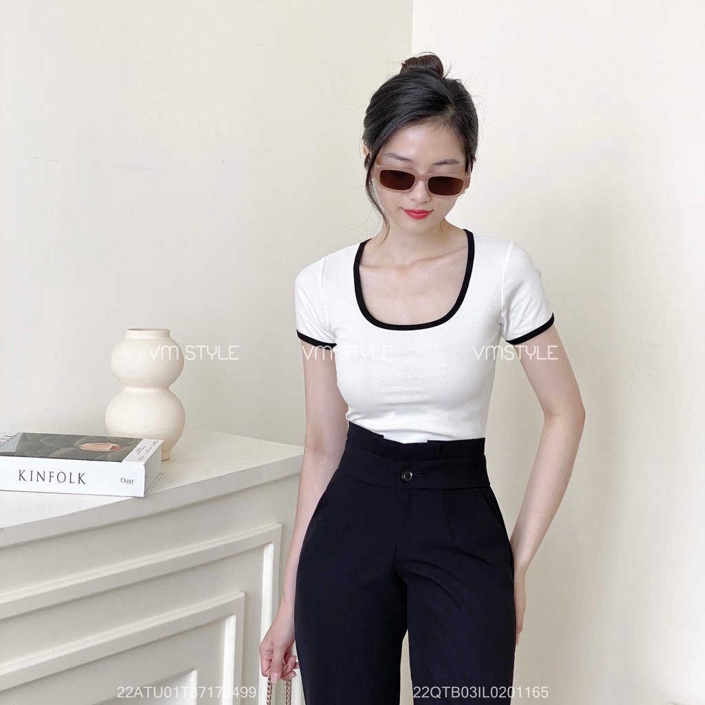 Áo thun tay ngắn cổ U viền màu nhiều màu nữ ulzzang thời trang VM STYLE 22ATU01T371704