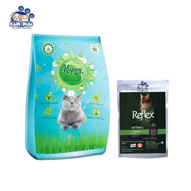 Combo Cát vệ sinh cho mèo Happy 15L(10.3kg) +Thức ăn cho mèo Reflex Plus Kitten-1kg