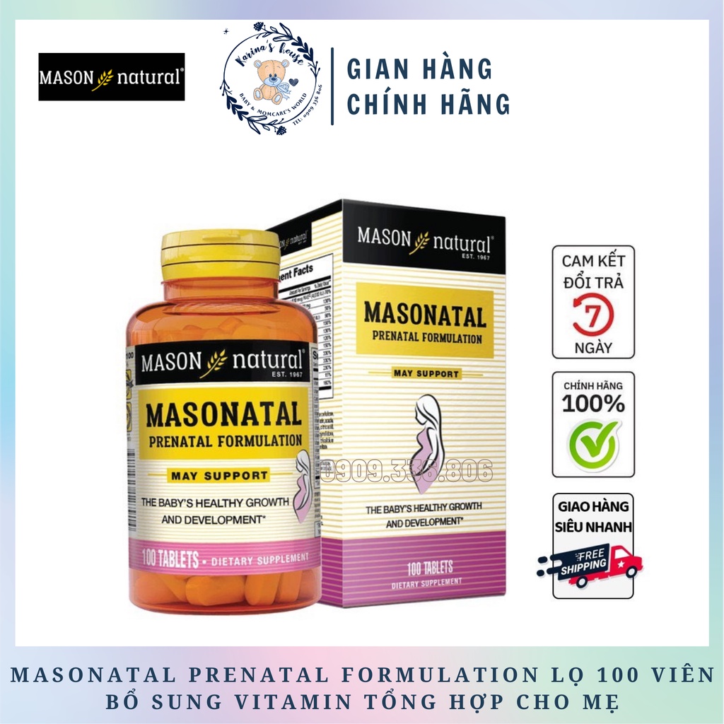 [Vitamin bầu] Masonatal Prenatal Formulation Lọ 100 Viên Bổ Sung Vitamin Tổng Hợp Cho Mẹ