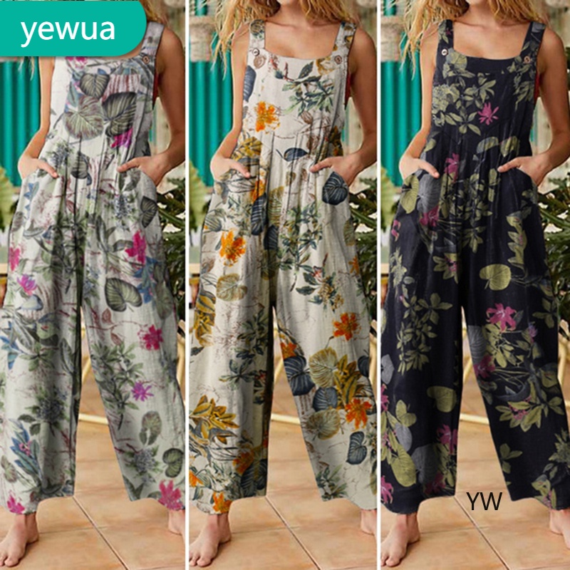 Bộ Áo Liền Quần Sát Nách Ống Rộng In Họa Tiết Hoa Cho Nữ Plus Size < YW >
