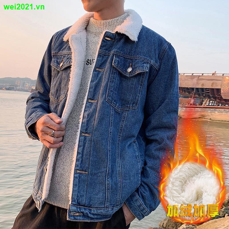Áo khoác denim lót lông cừu giả lót nhung dày giữ ấm thời trang mùa đông cho nam