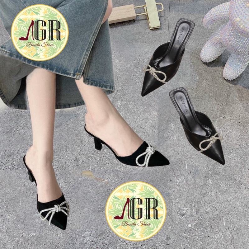 Guốc mũi nhọn da mềm nơ đá gót nhọn 5 cm