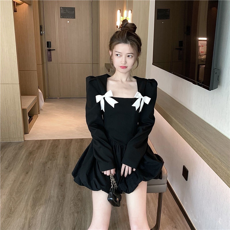 Đầm tay dài cổ thắt nơ phối màu tương phản phong cách Pháp ngọt ngào thời trang thu đông mới cho nữ 2021