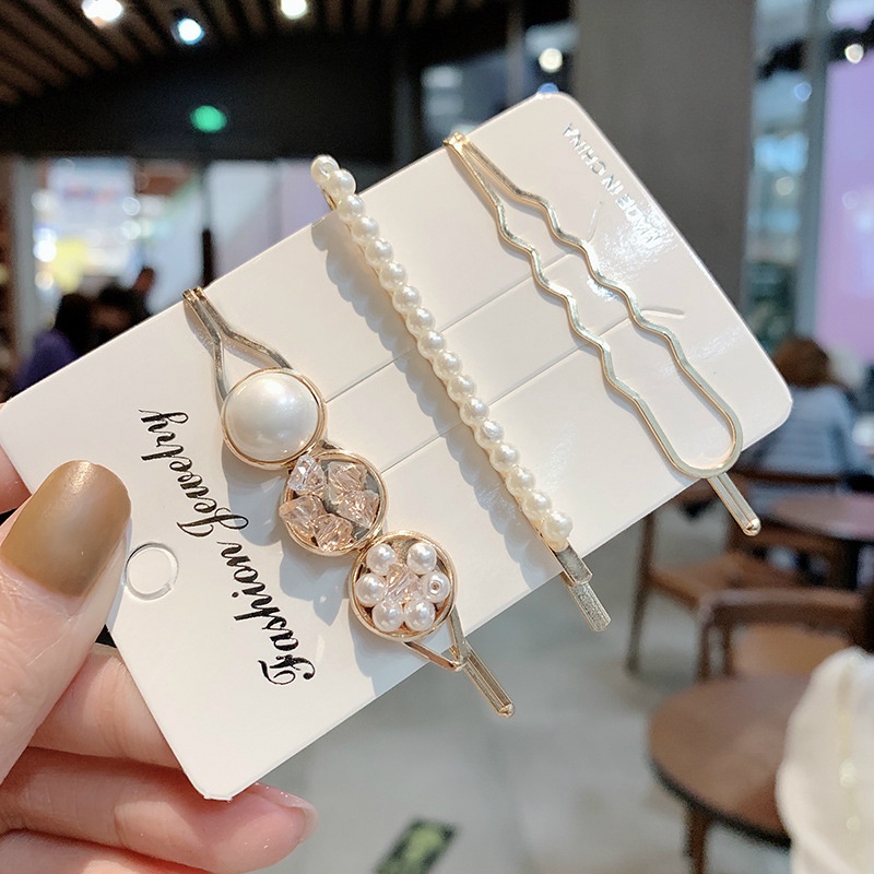 Bộ 3 Kẹp Tóc Đính Đá Và Ngọc Trai Lấp Lánh Thời Trang Hàn Quốc
