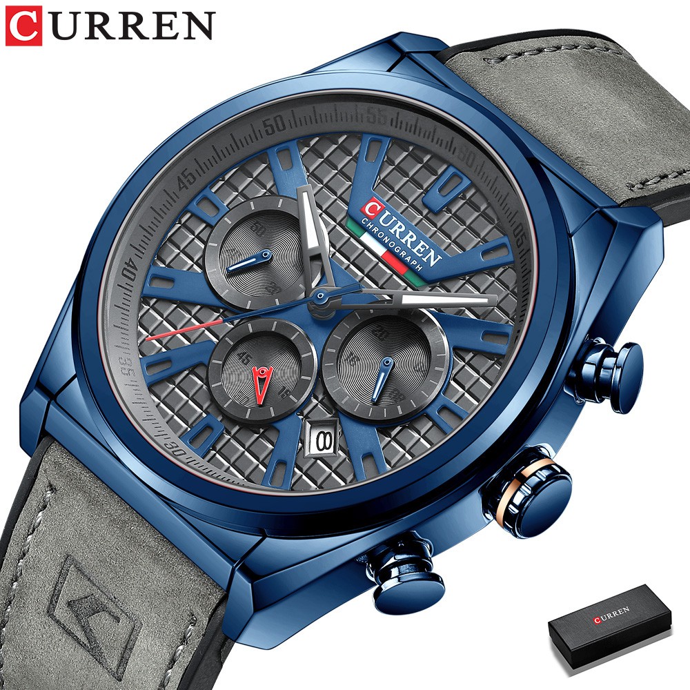 CURREN Mens Watches Sport Quartz Leather True three-eye timing Luminous hands Waterproof 8392L