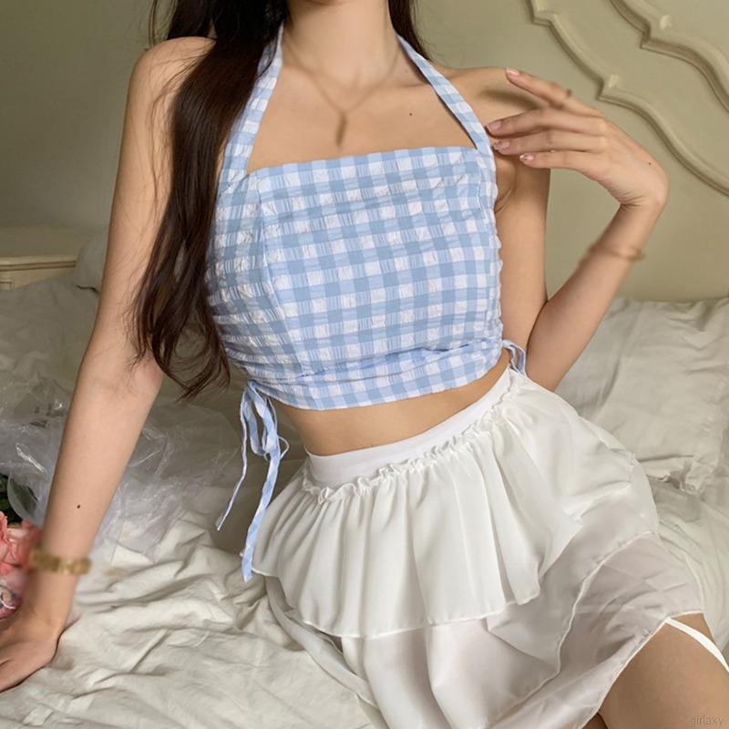 Áo yếm croptop họa tiết sọc ca rô phong cách retro Hàn Quốc