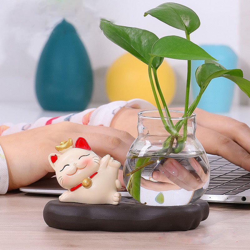 Bình thủy sinh mô hình mèo thần tài Ráp đầy đủ kiểu dáng trang trí bàn học, bàn làm việc,may mắn quà tặng bạn bè-H018