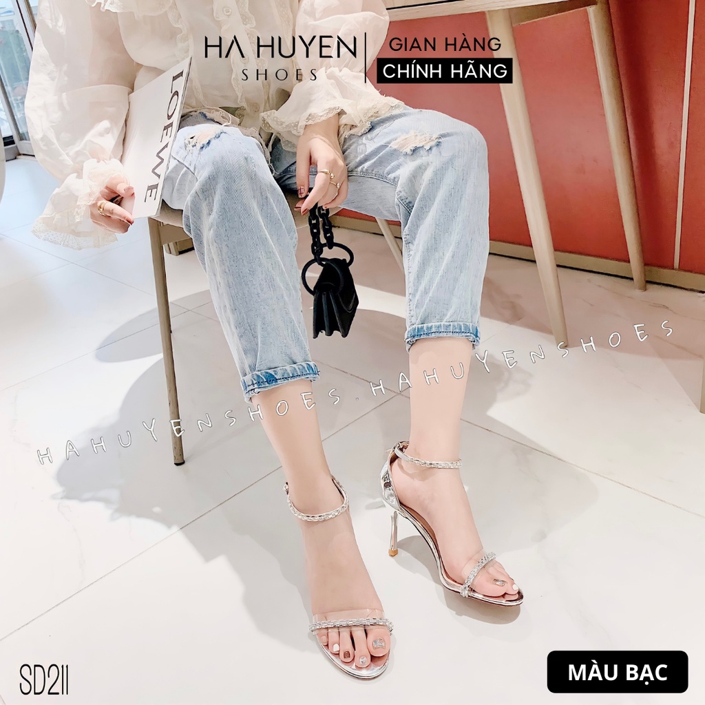 Sandal cao gót nữ Hà Huyền Shoes quai trong phối đá mảnh gót nhọn 8 phân - SD211