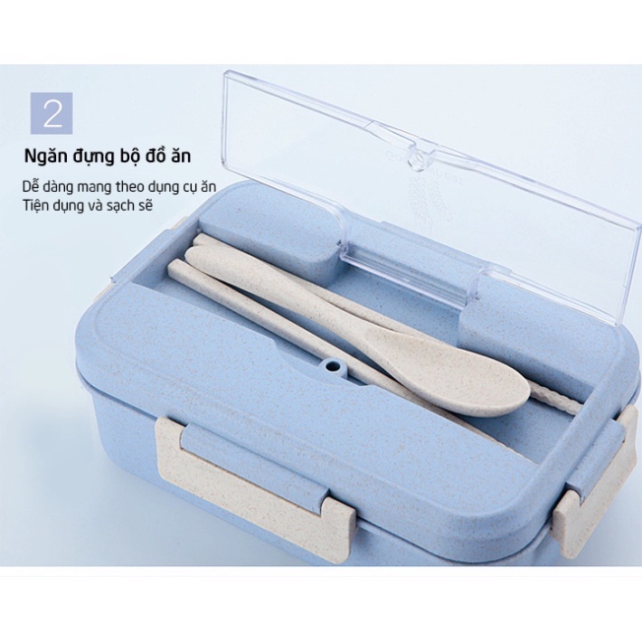 Hộp đựng cơm trưa văn phòng 3 ngăn, kèm đũa thìa, dùng cho lo vi sóng nhựa hữu cơ an toàn