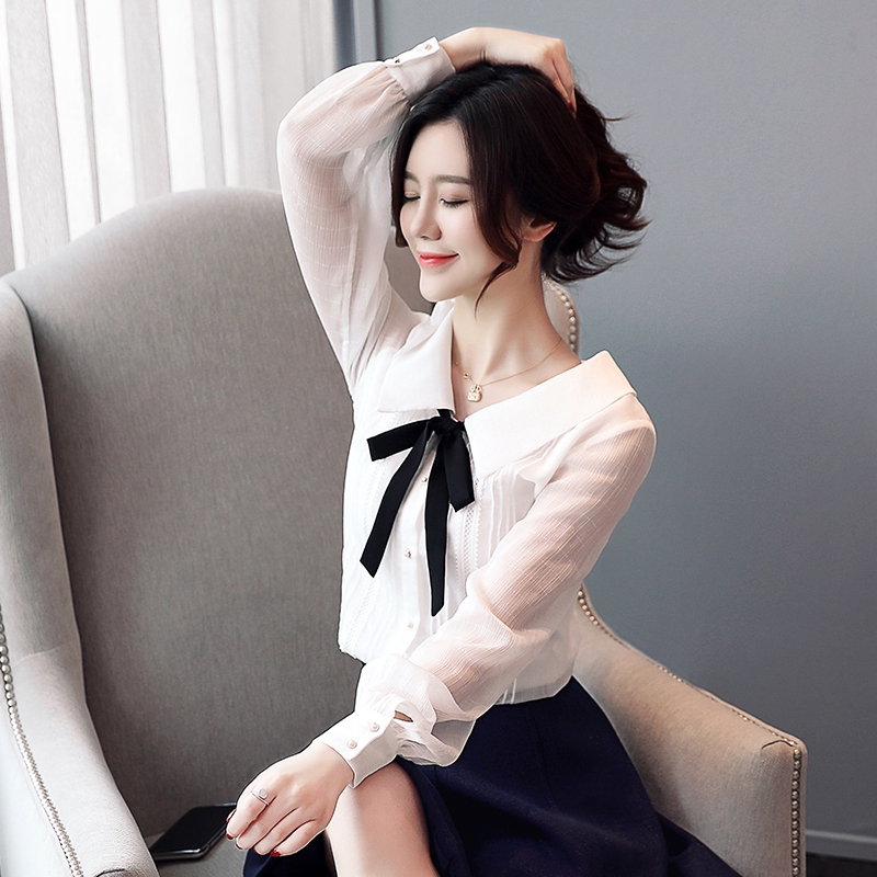 Áo Sơ Mi Chiffon Tay Dài Cổ Búp Bê Phong Cách Hàn Quốc Thời Trang Cho Nữ