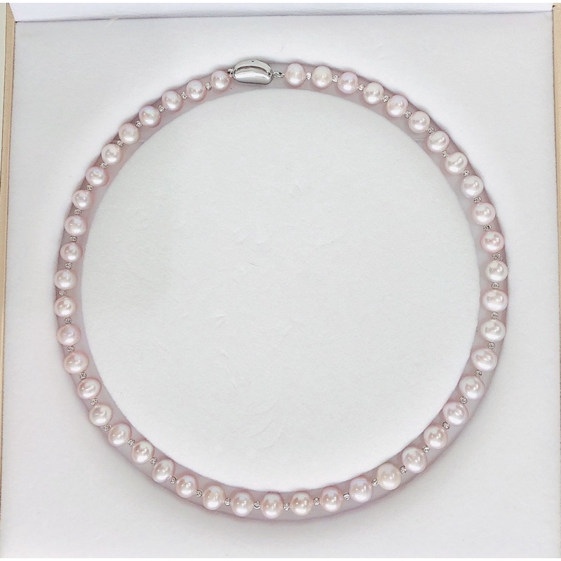 Chuỗi đeo cổ mix bi bạc ngọc trai nhân tạo màu hồng phấn 9ly