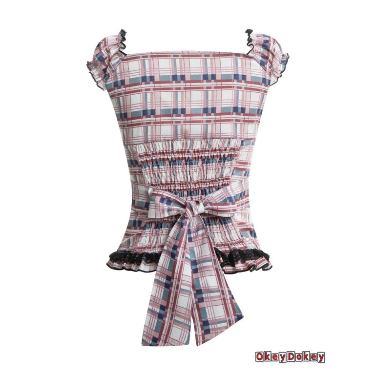 Áo Croptop Tay Phồng Cổ Vuông Phối Ren Cài Nút Họa Tiết Kẻ Sọc Caro Cổ Điển Okdk-Y2K