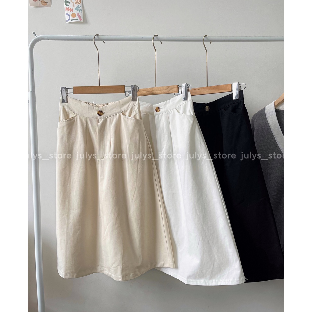 Chân váy kaki dài dáng A lưng chun sau