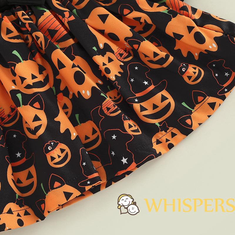 Đầm Tay Dài Phối Bèo Hoạ Tiết Bí Ngô Phong Cách Halloween Cho Bé Gái