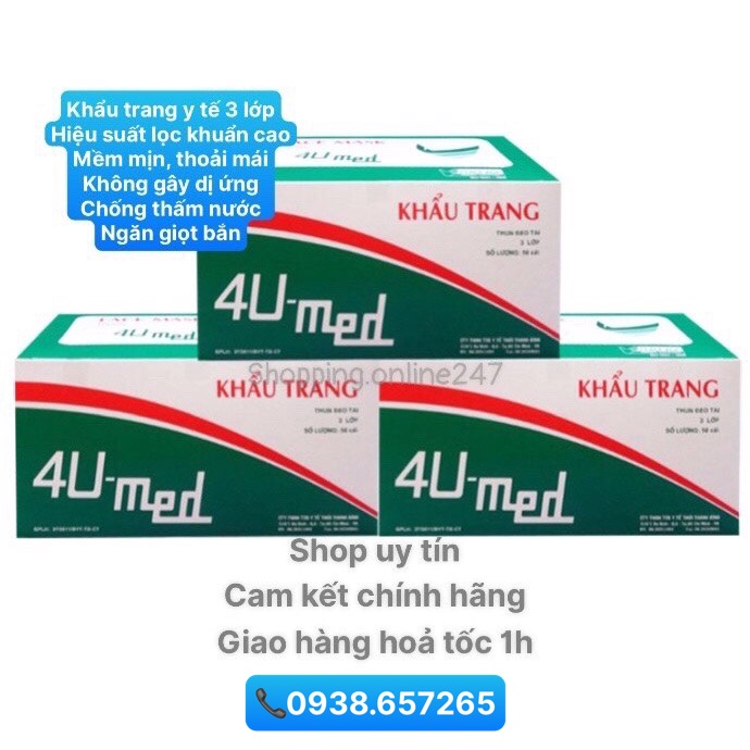 Combo 3 hộp Khẩu trang 4U MED 3 lớp hiệu suất lọc khuẩn cao - ngăn giọt bắn - chống thấm nước - có 2 màu