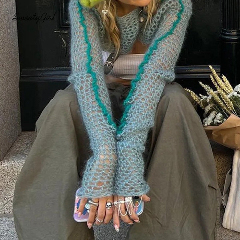 MsMona Áo Sweater Cổ Tròn Tay Dài Dáng Ôm Phối Màu Tương Phản Thời Trang 2022 Cho Nữ