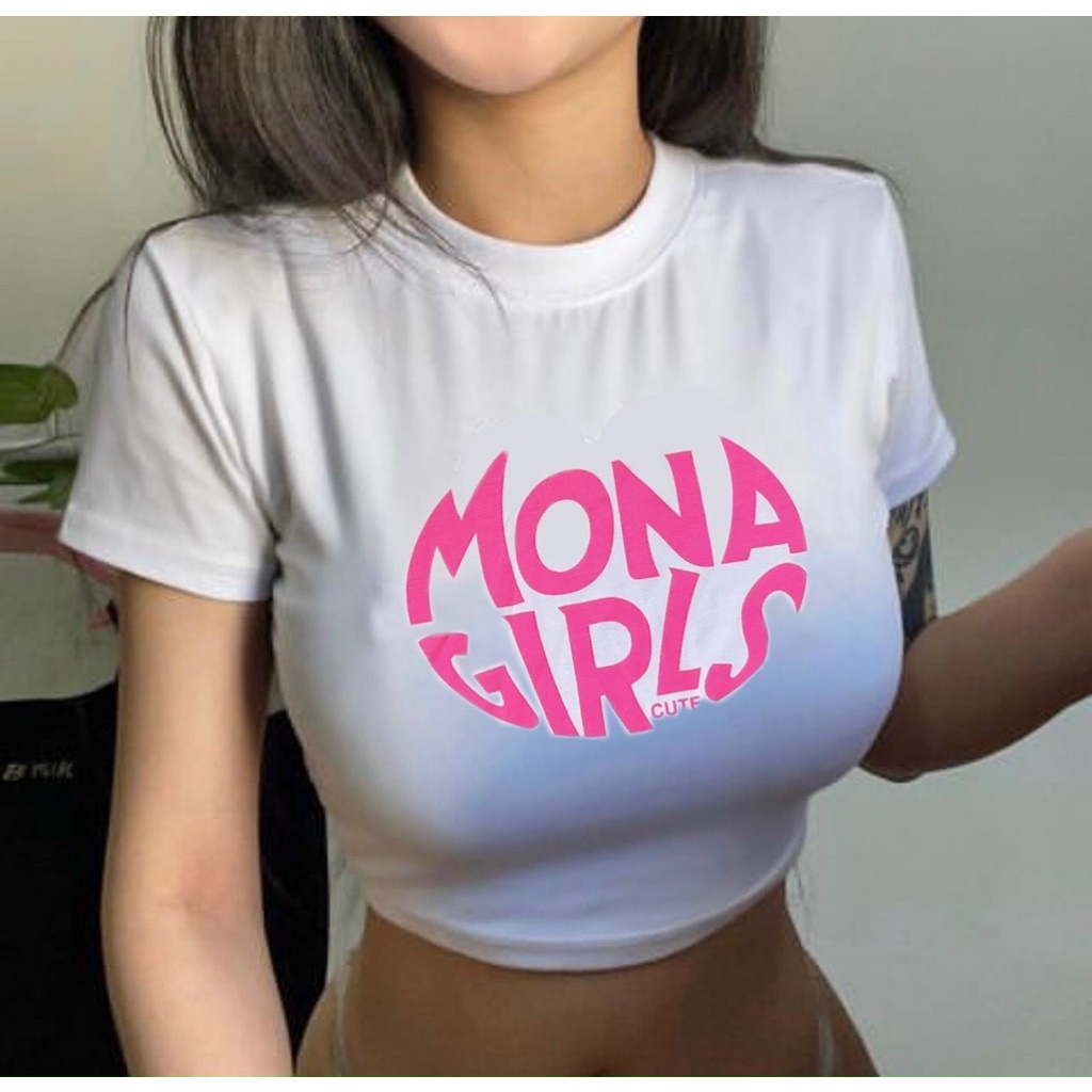 Áo Croptop Tay Ngắn Cổ Tròn Hoạ Tiết In Chữ Mona Girls Đáng Yêu