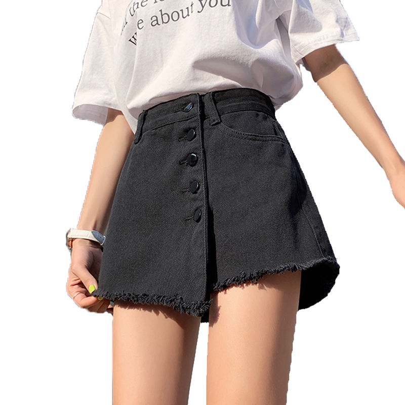 Quần đùi denim lưng cao ống rộng thời trang mùa hè cá tính cho nữ