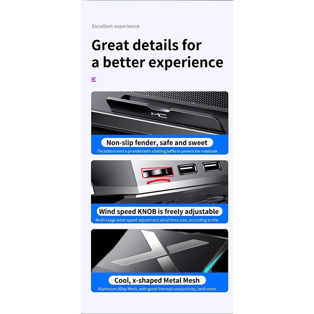 Đế tản nhiệt laptop 18 inch, chỉnh độ cao 6 cấp, chỉnh tốc độ - Q3