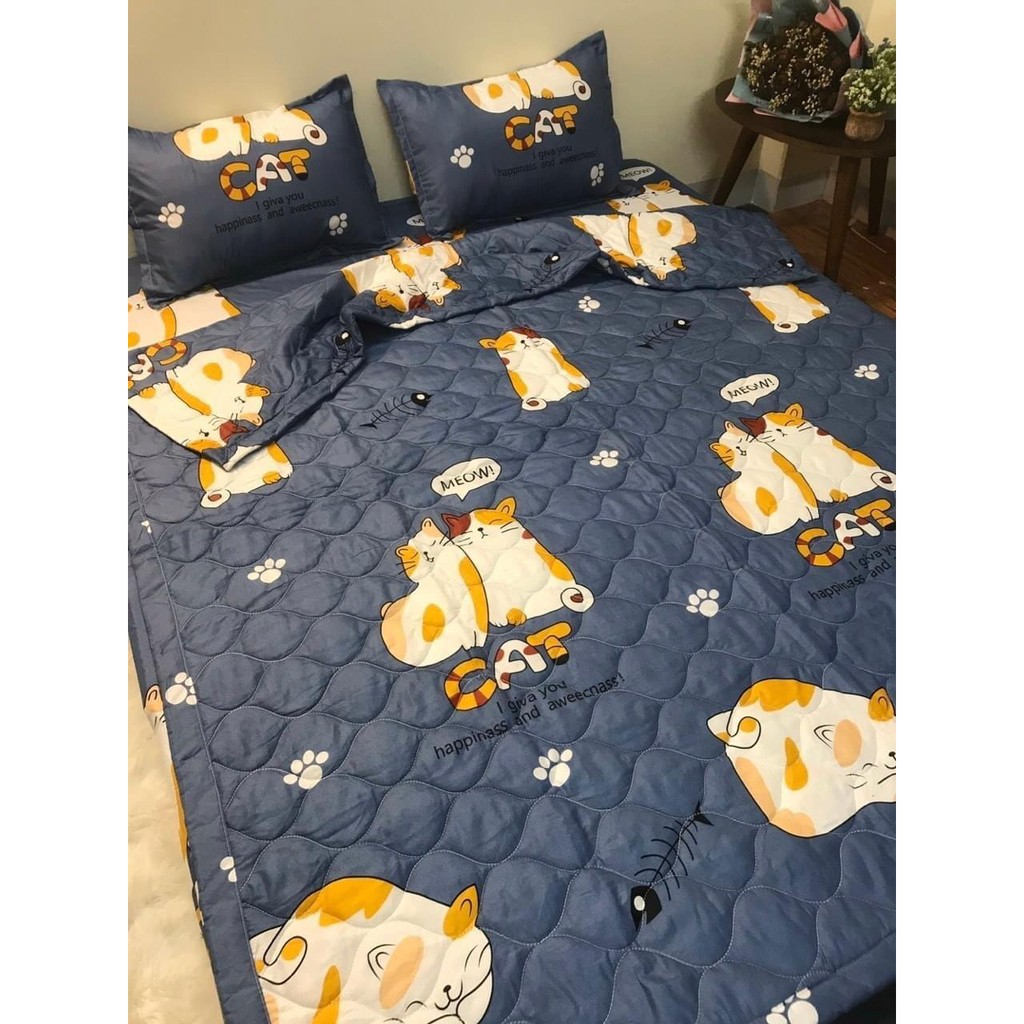 Bộ Ga Gối Cotton Poly Mẫu MÈO CÁT XANH