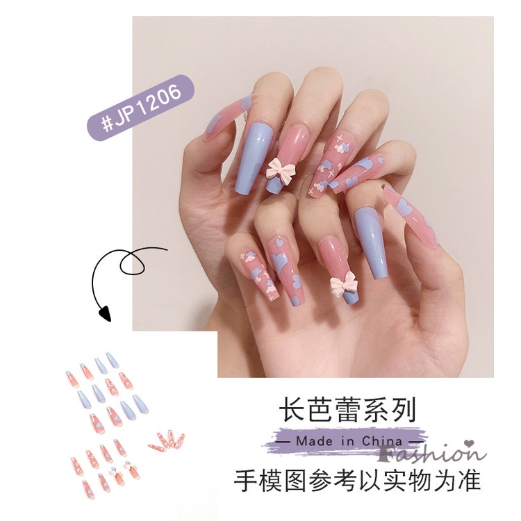 [Hàng mới về] Set 24 móng tay giả dài họa tiết trái tim dạng keo dán có thể tháo rời tiết kiệm thời gian