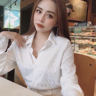 Áo sơ mi gấm lụa, áo sơ mi nữ trắng vân chìm thời trang, thanh lịch