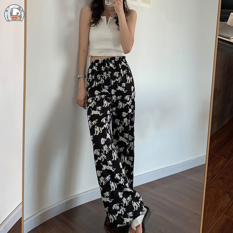 Quần ống rộng Lưng Cao In Họa Tiết Chú Chó Dễ Thương Thời Trang Mùa Hè Cho Nữ