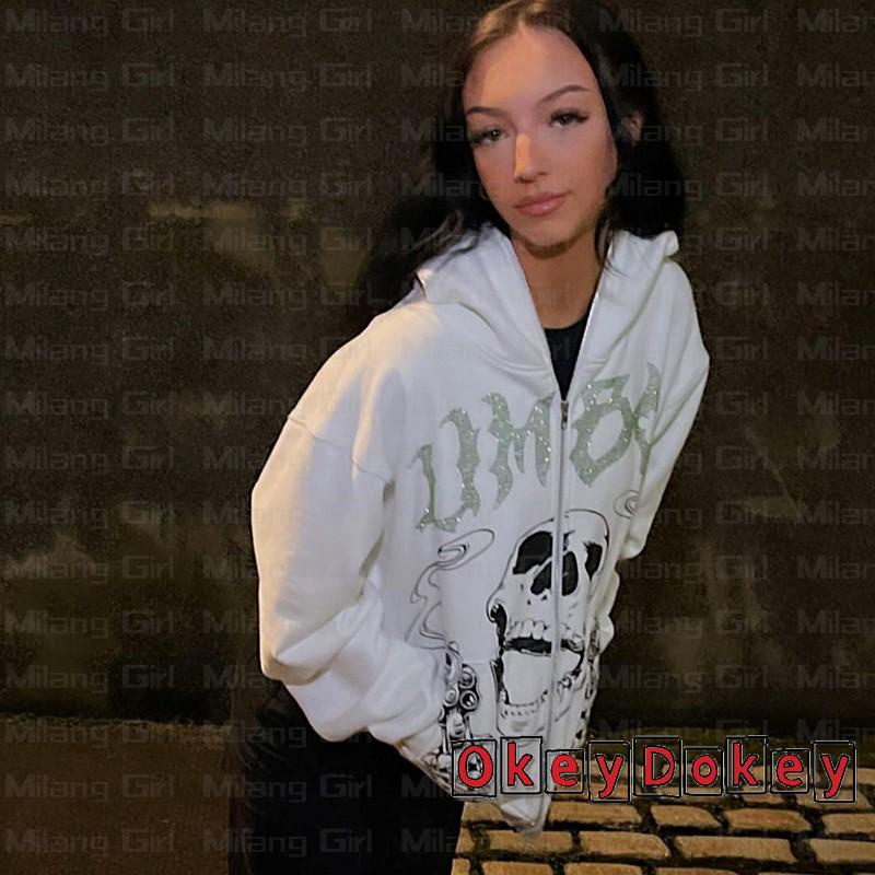 Áo Khoác Hoodie Có Khóa Kéo In Hình Đầu Lâu Đính Đá Y2k Phong Cách Đường Phố Cho Nữ