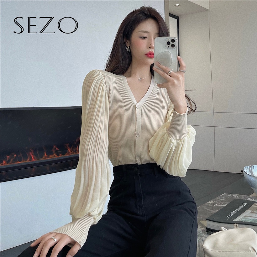 QKOOLE  Áo khoác cardigan dệt kim tay phồng dáng rộng phong cách Hàn Quốc thời trang cho nữ