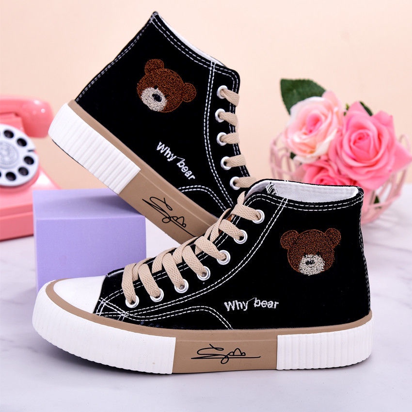 Giày Thể Thao Vải Bạt Cổ Cao Hình Gấu Thời Trang Xuân Hè Dành Cho Bé Gái 8 9 11 13 15 Tuổi