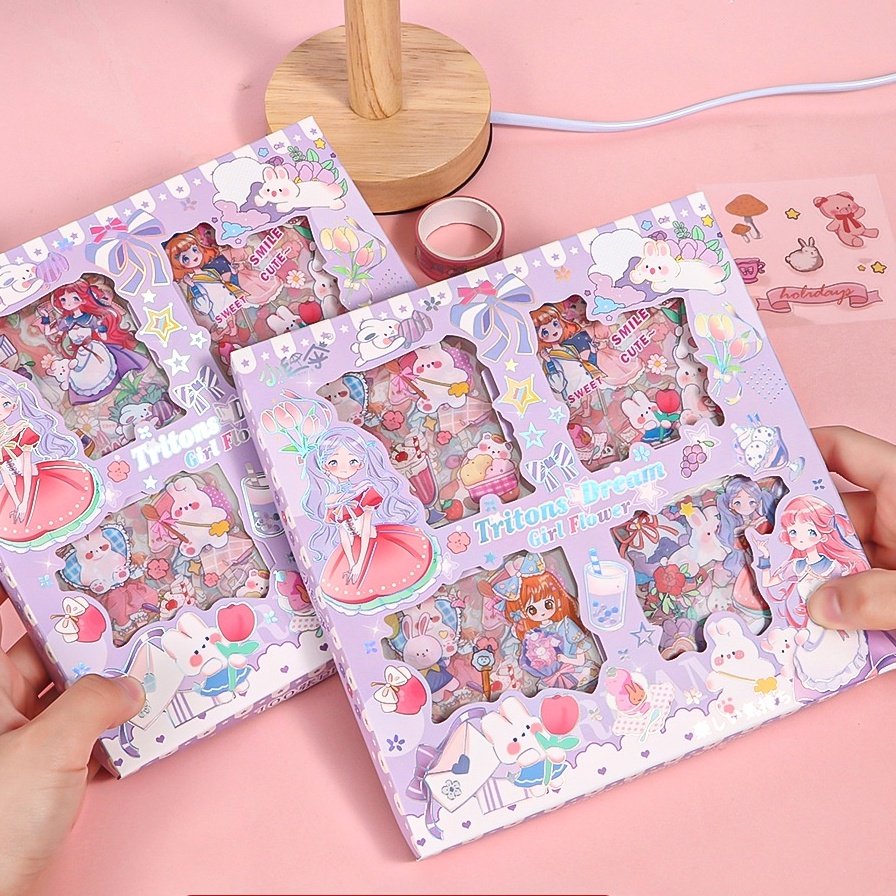 Hộp 100 Miếng Dán PET Chống Thấm Nước Hình Công Chúa Hoạt Hình Dễ Thương Dùng Làm Đồ Thủ Công DIY