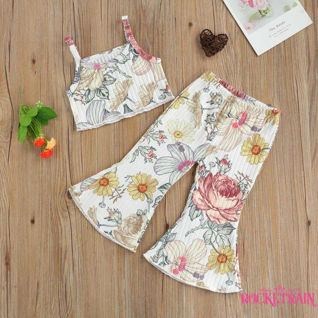 ✨At✦Set Đồ Mùa Hè 2 Món Gồm Áo Hai Dây In Hoa + Quần Dài Ống Loe Cho Bé Gái