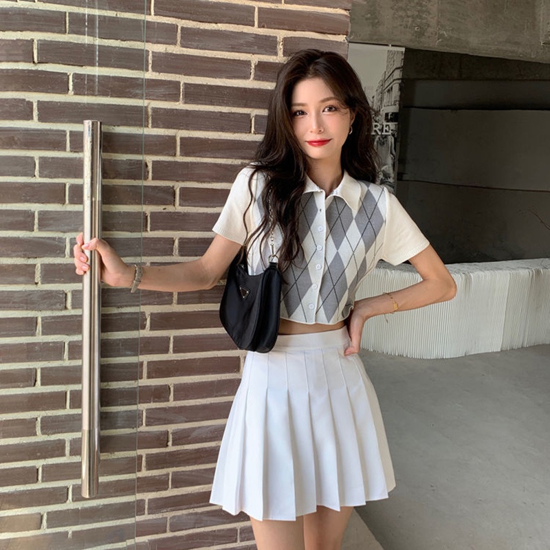 Áo croptop cardigan IELGY cổ polo dệt kim cương màu tương phản phong cách retro cho nữ sinh đại học