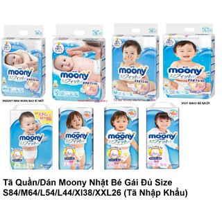 Bỉm/tã moony dán/ quần moony đủ size nb90, s84, m64, l54, m58, l44, xl38
