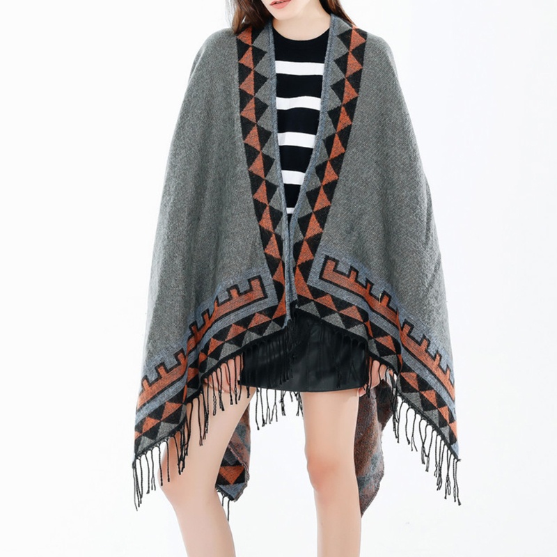 Khăn Choàng Poncho Tua Rua Họa Tiết Hình Học Nhiều Màu Sắc Phong Cách Vintage Dành Cho Nữ