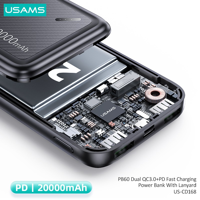 Pin Sạc Dự Phòng Sạc Nhanh USAMS 20000mAh PD 22.5W QC 3.0 kèm dây đeo Cho 1Phone15 iPd Android 1phone6-14 Máy Tính Bảng