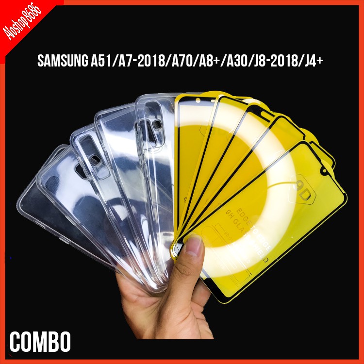 COMBO Ốp lưng dẻo Samsung A7-2018, A51- 2020, J4 plus, A70, A30, J8-2018, A8 plus dẻo trong suốt tặng kèm kính cường lực