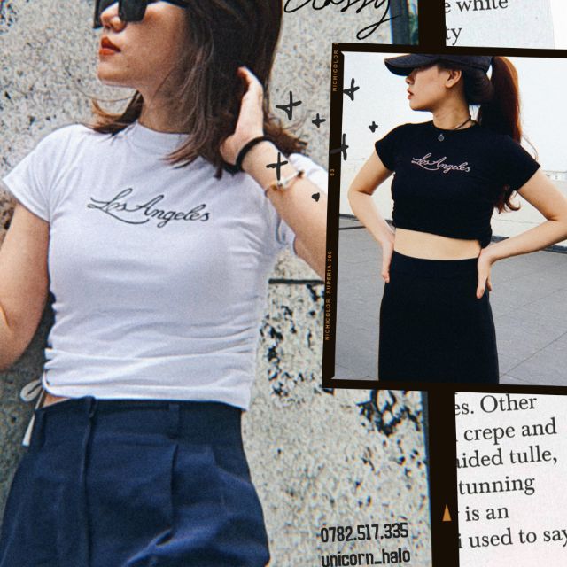 Áo Croptop Tay Ngắn Thun Ôm  Body Thể Thao Dây Rút 2 Bên Trắng / Đen Thêu Chữ Los Angles ACR003