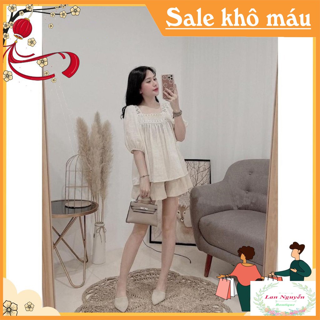 BÁN SỈ BỘ ĐŨI BE CỔ VUÔNG VIỀN REN MIX QUẦN SHORT CHO NỮ