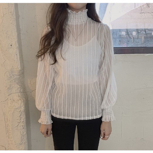 Áo Nữ Cổ Cao Tay Dài Phối Ren Phong Cách Hàn Quốc 40669